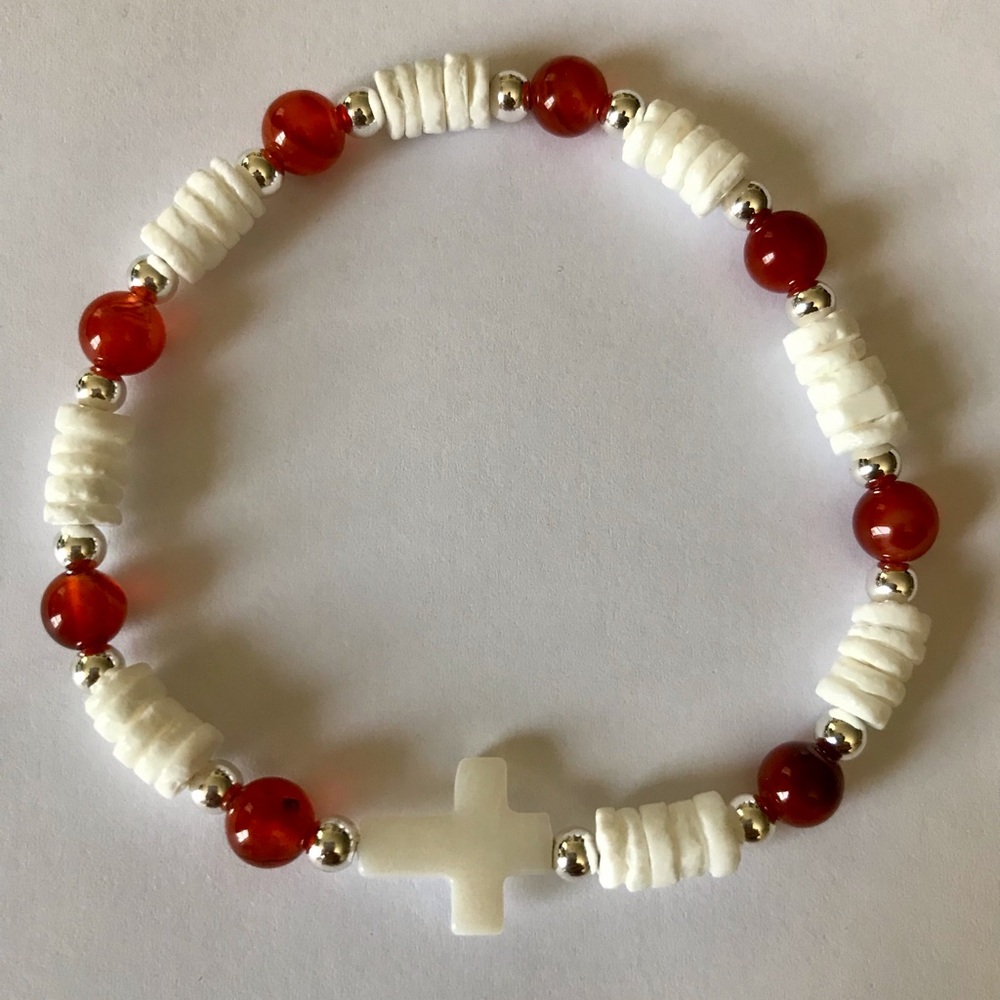 White and Red Beaded Bracelet with Cross